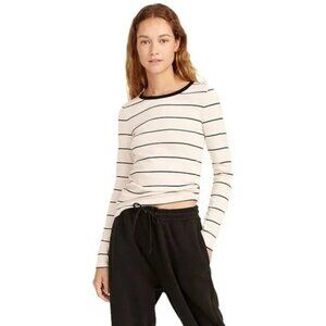 Women’s  J. Crew perfect fit l/s ivory striped tee‎ top natural black , S/M